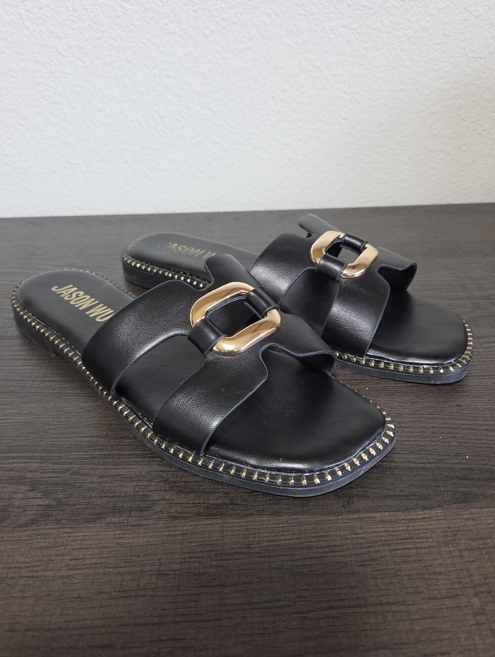 Jason Wu Black Slide Padded Sandals with Gold Buckle Detail